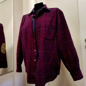 plaid burgundy wool Pendleton overshirt with leather elbow patches